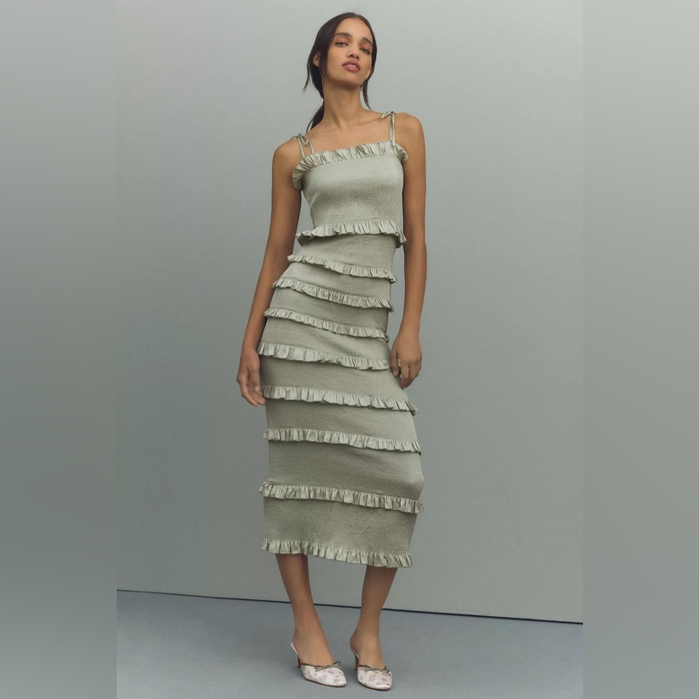 V. Chapman Sage Green Ruffle-Tiered Midi Dress